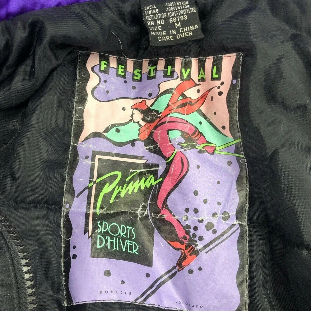 Vintage 80s Prima Womens Size M One Piece Snow Ski Suit Black Purple Hooded - Picture 12 of 12